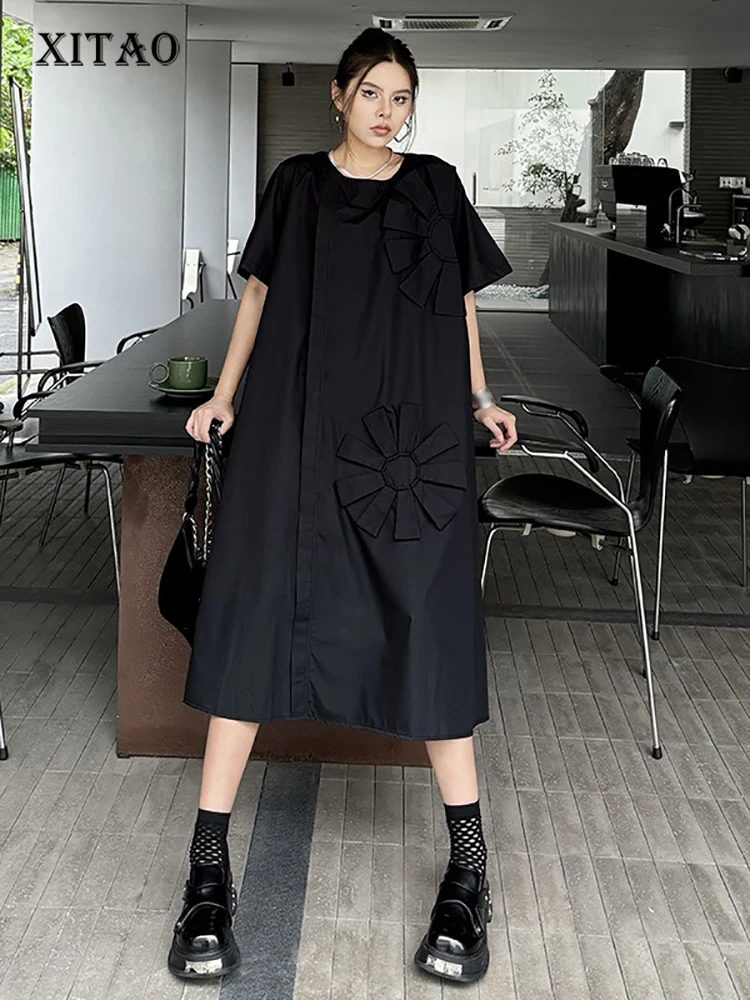 

XITAO Three-dimensional Decoration Patchwork Dresses Solid Color O-neck Short Sleeve Pullover Loose Slimming 2024 Summer ZY8827