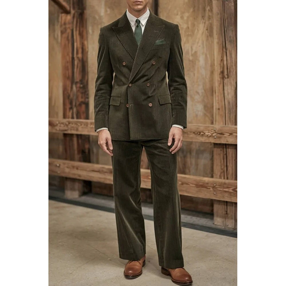 

Olive Green Suede Double Breasted Men Suit Two Pieces(Jacket+Pants) Outfits Casual Party Prom Wedding Set