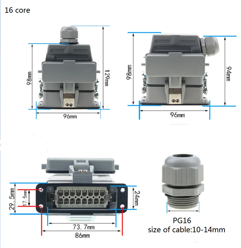 European specification 10-16 small heavy duty connector HA Ue250V Ie 16A