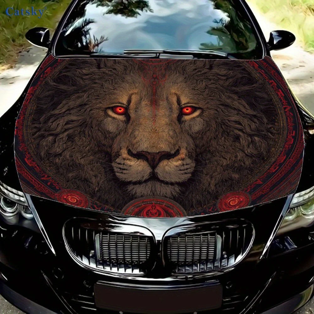 

Red Eye Lion Totem Car Hood Wrap - Durable, Waterproof, And UV-Resistant PVC Sticker For Trucks, SUVs, And Boats With Easy Insta
