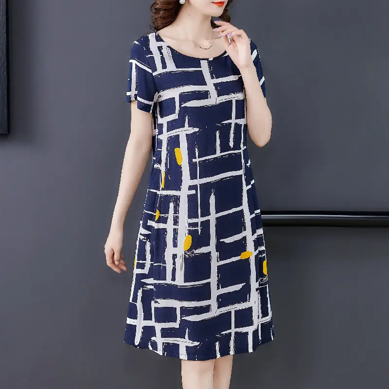 

Fashion O-Neck Printing Folds Irregular Striped Short Sleeve Dress Women's Clothing 2024 Summer New Loose Commuter Midi Dress