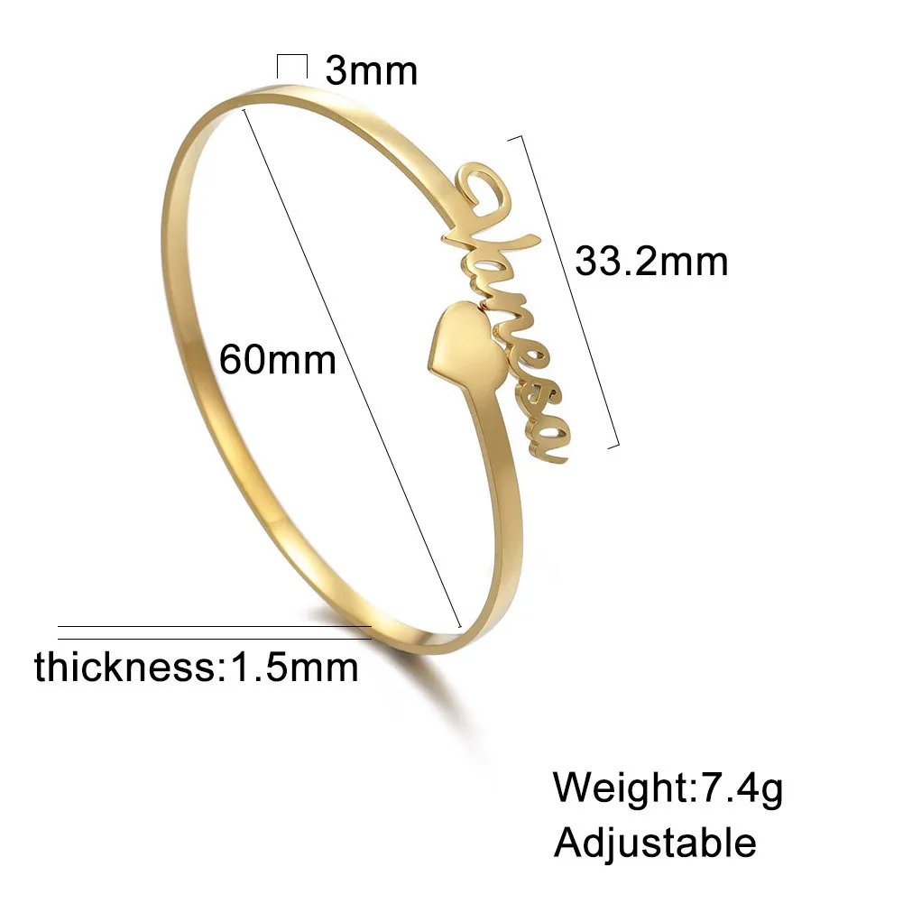 Heart Name Custom Bangle Personalized Bracelet Cuff Gift for Women Men Kid Father Dad Mother Stainless Steel Gold Color Jewelry