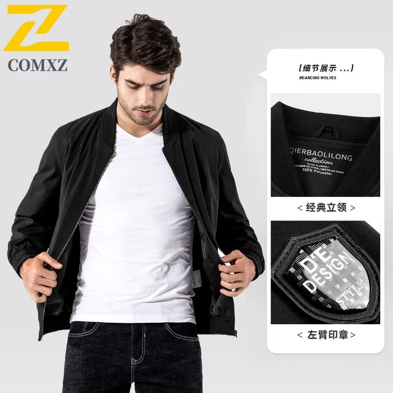 COMXZ Jaket Pilot Kerah Bulat Hitam Lengan Panjang Musim Semi Gugur untuk Pria, Mantel Bisnis Ukuran Besar, Atasan Kasual Impor 2025