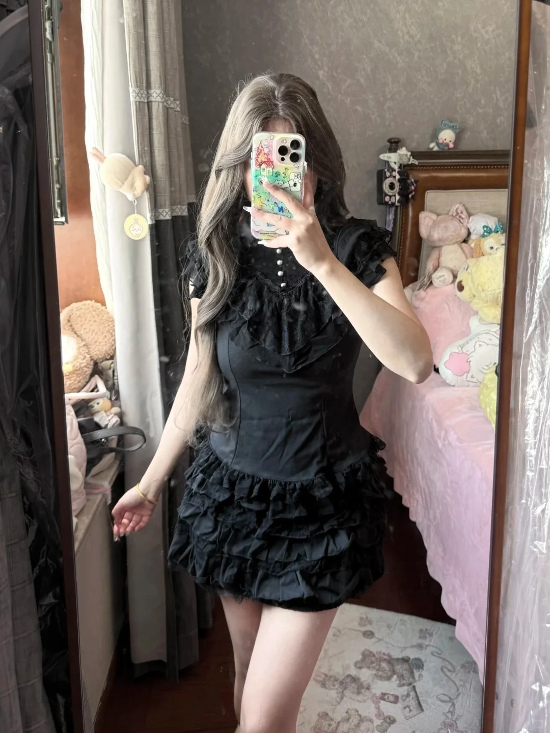 

Japanese Lolita Two Piece Set Women Lace Ruffle High Neck Cap Sleeve Top + Layered Ruffle Hem Cute Mini Skirt Sweet Cute Outfits