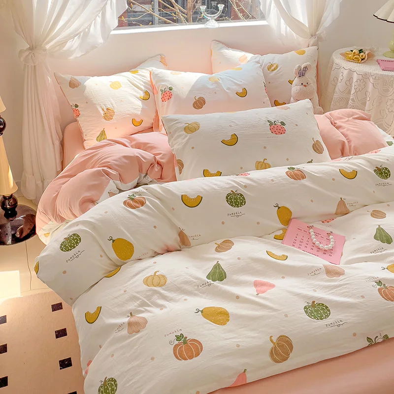 Kawaii الفاكهة اليقطين غطاء لحاف الملكة لعيد الشكر الكرتون طقم سرير-1 غطاء لحاف + 1 ورقة جاهزة + 2 كيس وسادة