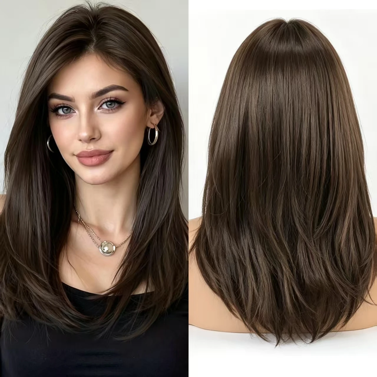 13×4hdレースストレートチョコレートブラウンウィッグ人毛ミディアムレングスボディウェーブレイヤードソフトヘアライン耐熱ファイバーグルーレス