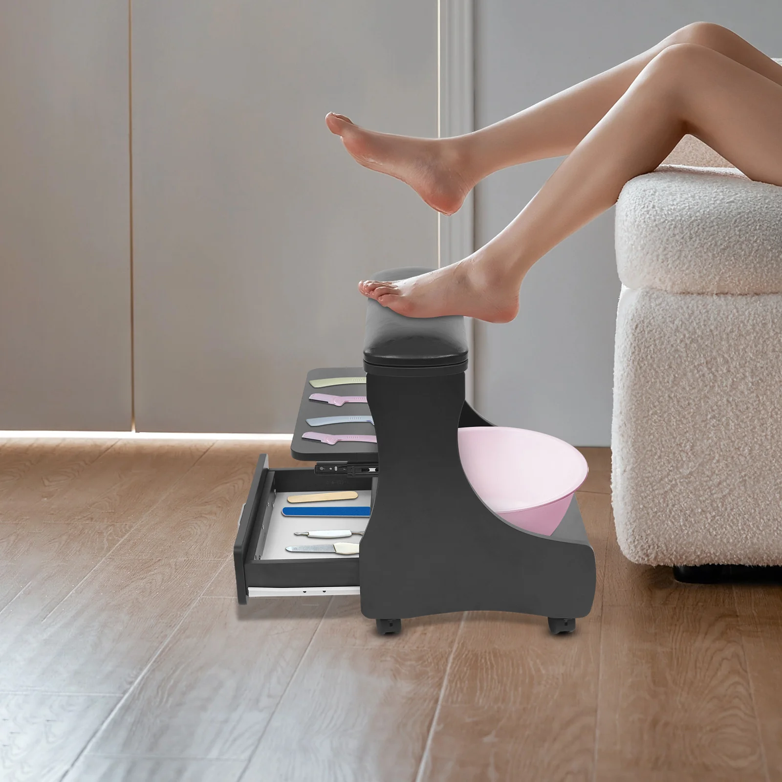 مسند للقدمين من بيماوكار، مسند للقدمين مع عجلات، حامل مسند للقدمين للباديكير مقاس 52 × 17 سم للاستخدام المنزلي سهل الاستخدام في الصالونات