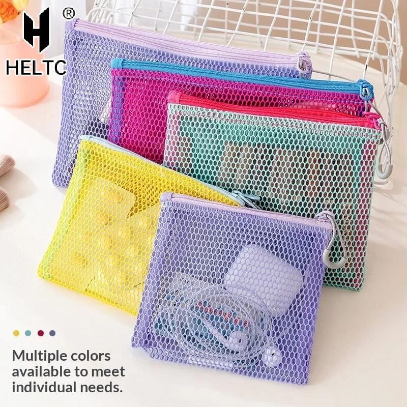 Colorful Zipper Mesh Storage Bag Ultra Light Wear-proof Visible Colored Double Layered Makeup Pouch Durable With Handle Coin Bag