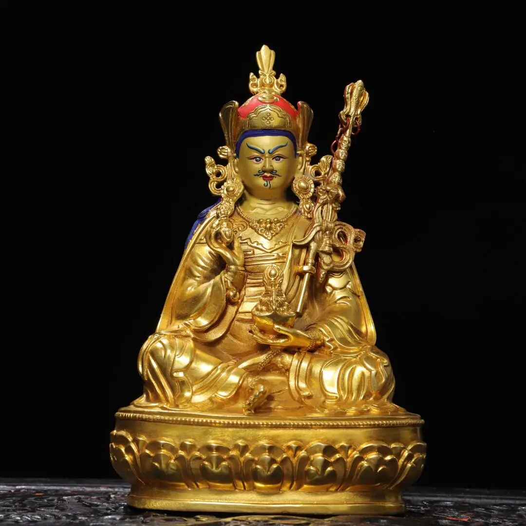 Padmasambhava Guru Rinpoche Nepali Tibetan Pure Copper Carved Full Gold Gilded Home Temple Desk Decor