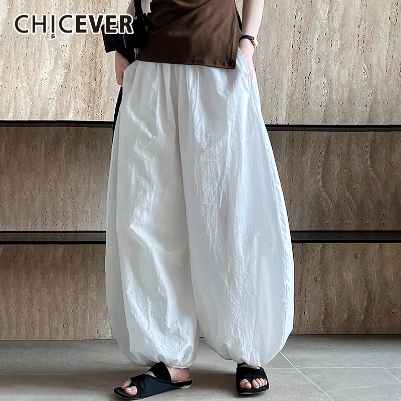 

CHICEVER Vintage Splised Folds Pants For Women Bloomers High Waist Patchwork Elastic Solid Loose Casual Pant Female Summer New