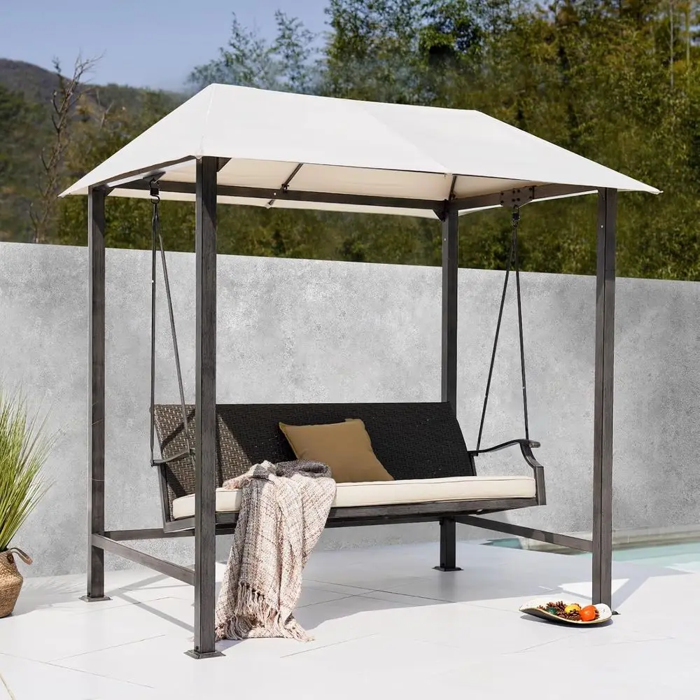 

3-Person Outdoor Swing Chair with Removable Cushion for Porch, Garden, or Poolside in Beige