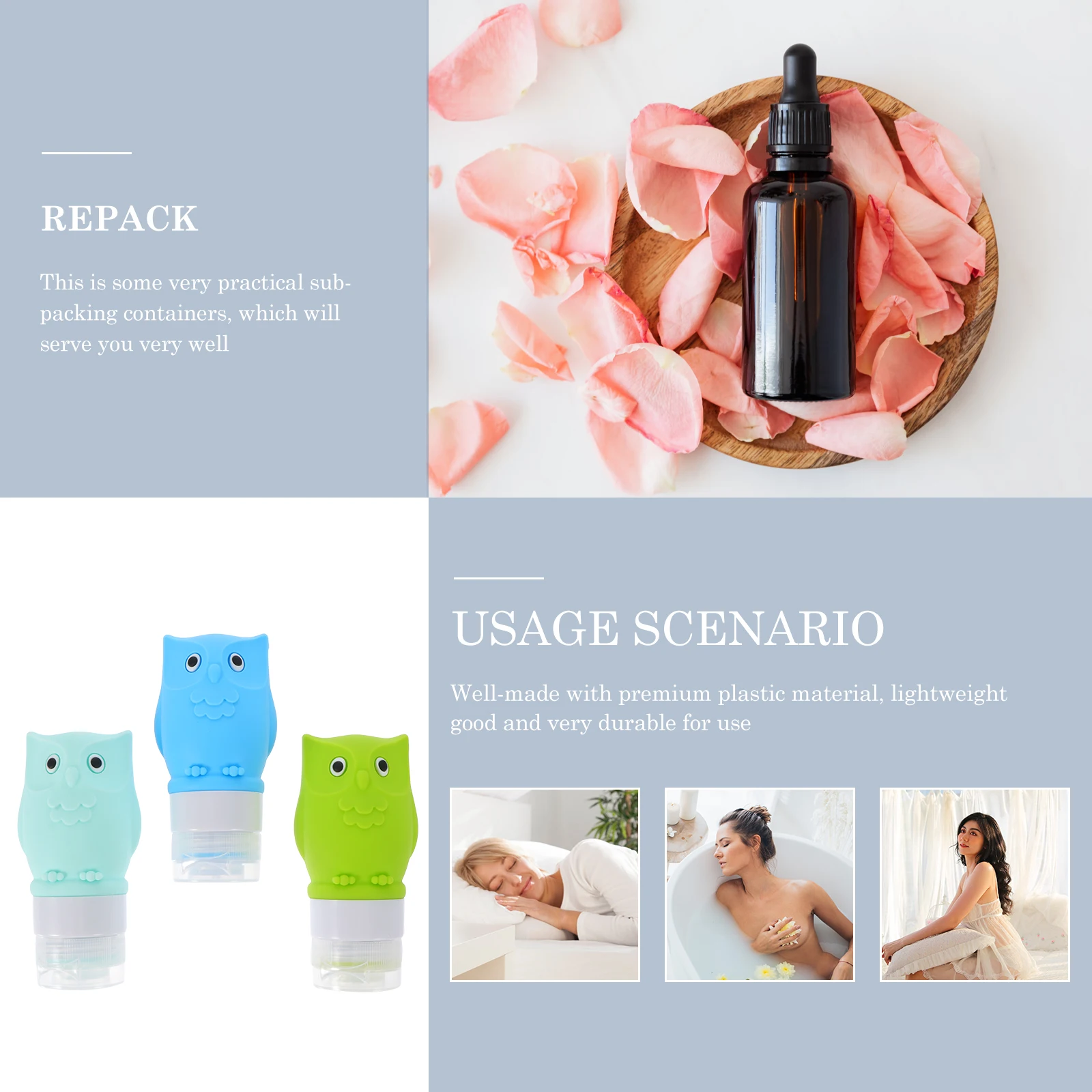 

3pcs Owl Shaped Lotion Sub Bottles Travel Size Portable Silica Gel Leakproof Squeezable Cosmetics Dispenser Small Lightweight