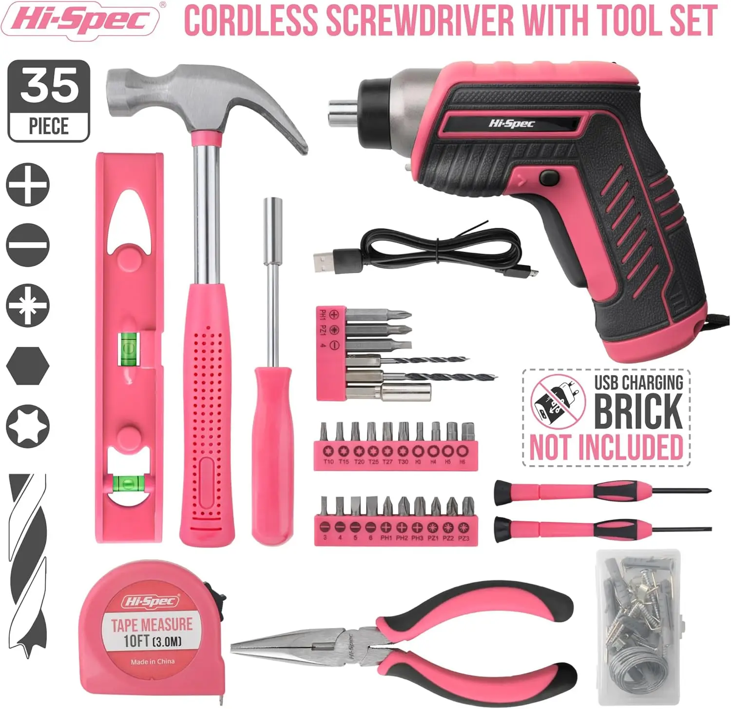 35-Piece Pink Tool Kit with USB Electric Screwdriver, Home Repair Set for Women
