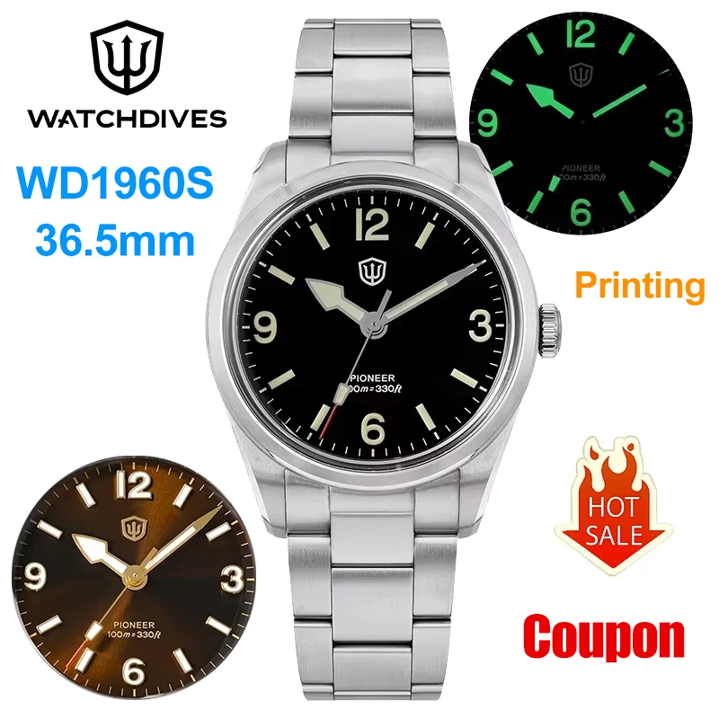 

Часы Watchdives WD1960S V2, кварцевые часы с механизмом VH31, винтажные часы с сапфировым стеклом, водонепроницаемые до 100 м, светящиеся часы для дайвинга
