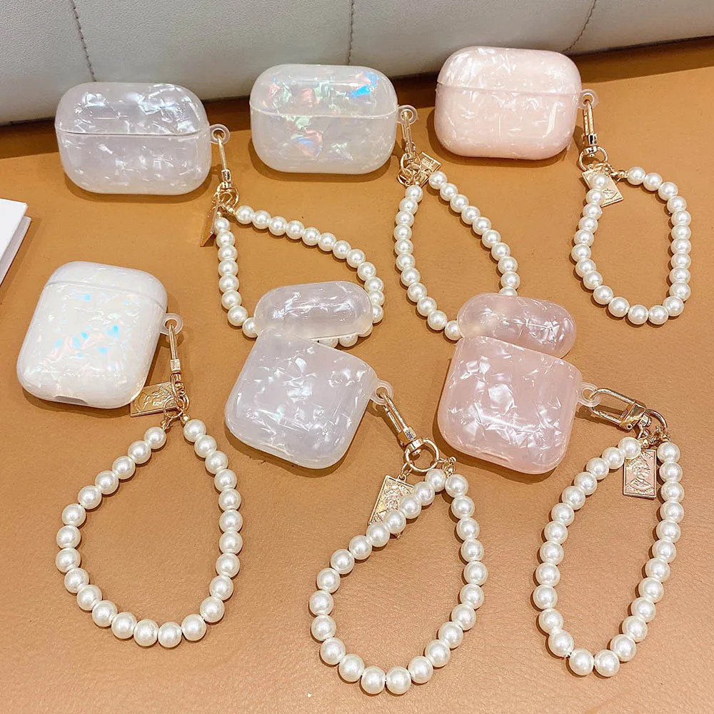 Dreamy Pearl Shell Soft Case with Bracelet Keychain for AirPods Pro 2 Airpods 4 3 2 1 Wireless Earphone Box Accessories Cover