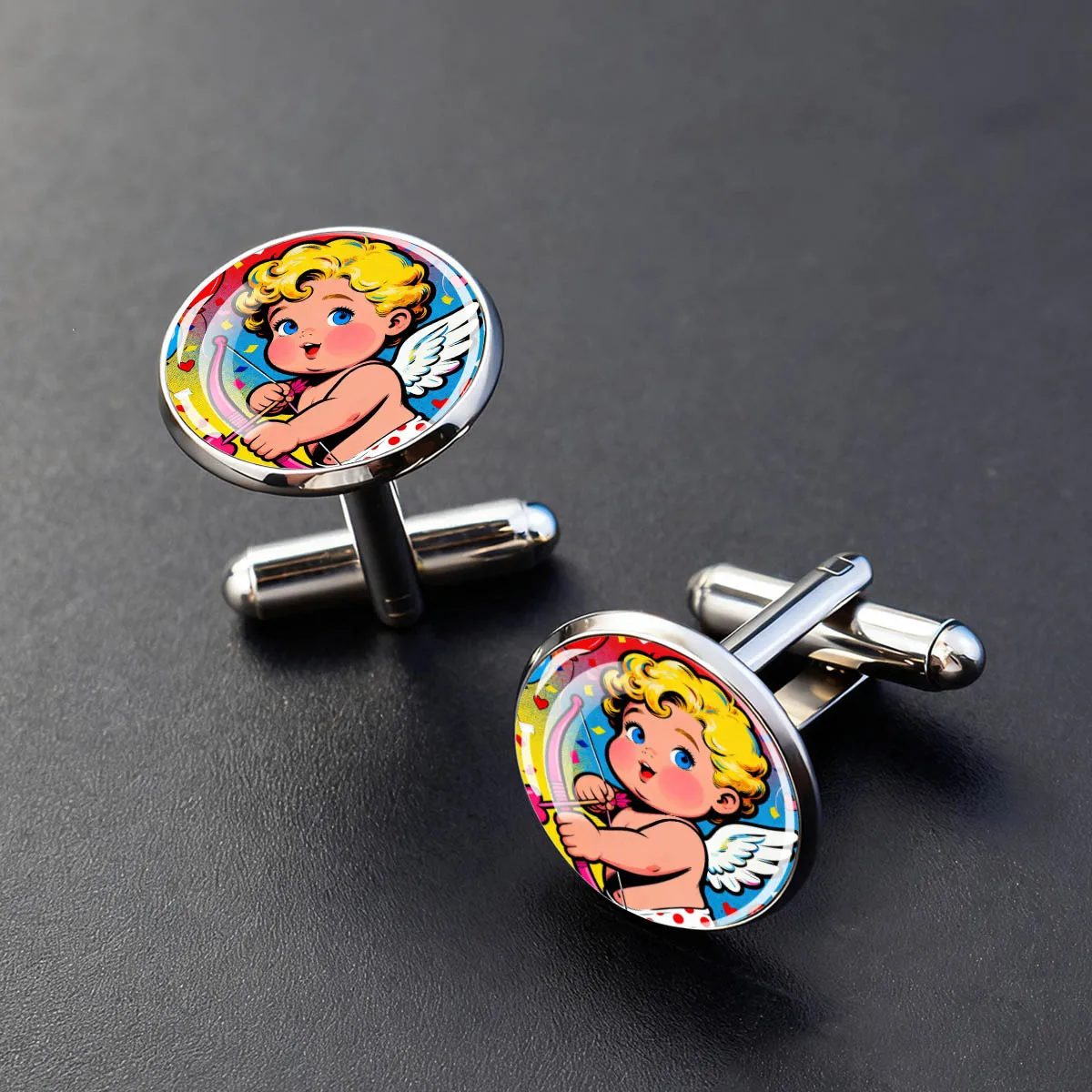 Valentine's Day Men Cufflinks Alloy Glass Round Cartoon Cupid Print Shirt Cuff Buttons Romantic Love Cupid Jewelry Gift For Love
