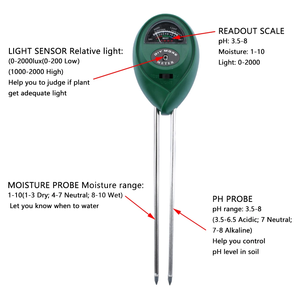 Soil Moisture Meter 3 in 1 Soil PH Meter Soil Tester Soil Water Acidity Humidity Light Test Garden Plants Flowers Moist Tester