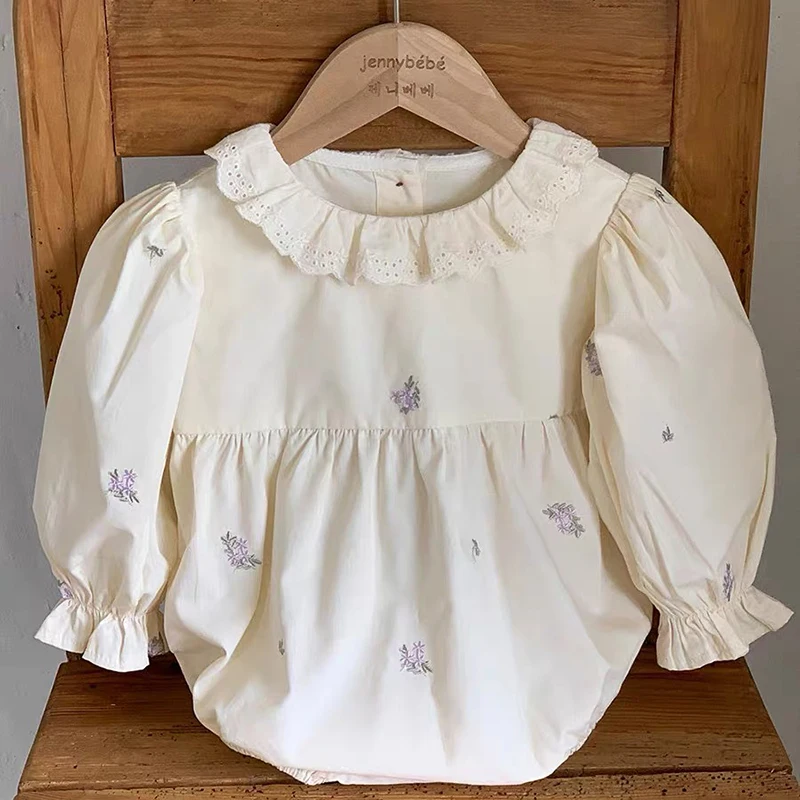 Autumn Baby Girl Clothes Spring Infant Bodysuit Lace Collar Puff Sleeve Princess One Piece Embroidered Flowers Clothing Outfits