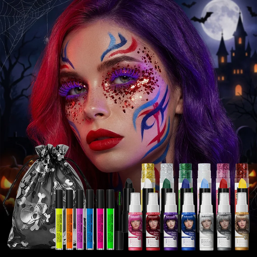 Halloween Makeup Set Safe Formula High Saturated Color Easy Remove Long-Lasting Neon Mascara Hair Spray for Cosplay Dress Up Kit