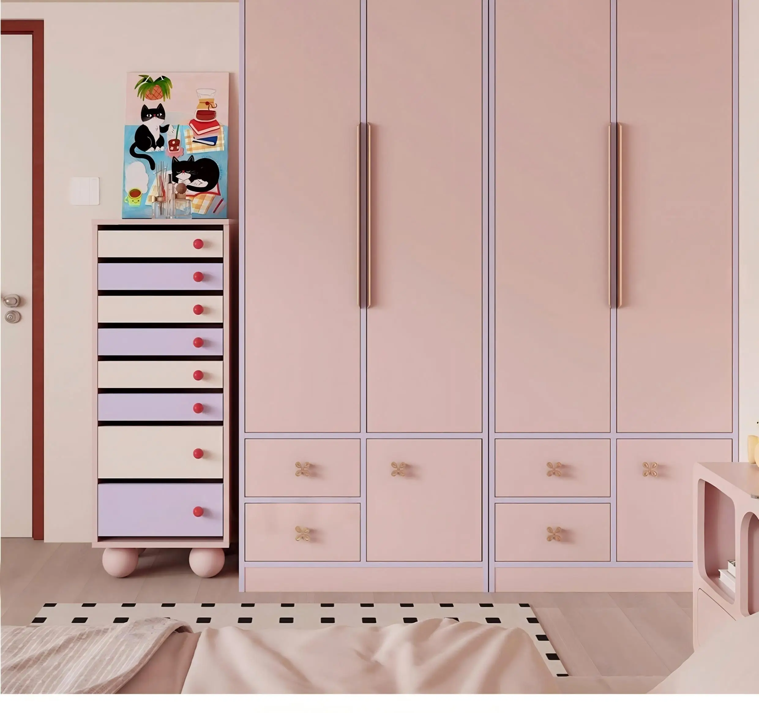 

!@Custom Pink Wardrobe Cabinet Built-in Bed Design Garde-robe Wall Bed with Built-in Telescopic Pants Rack Storage for Bedroom