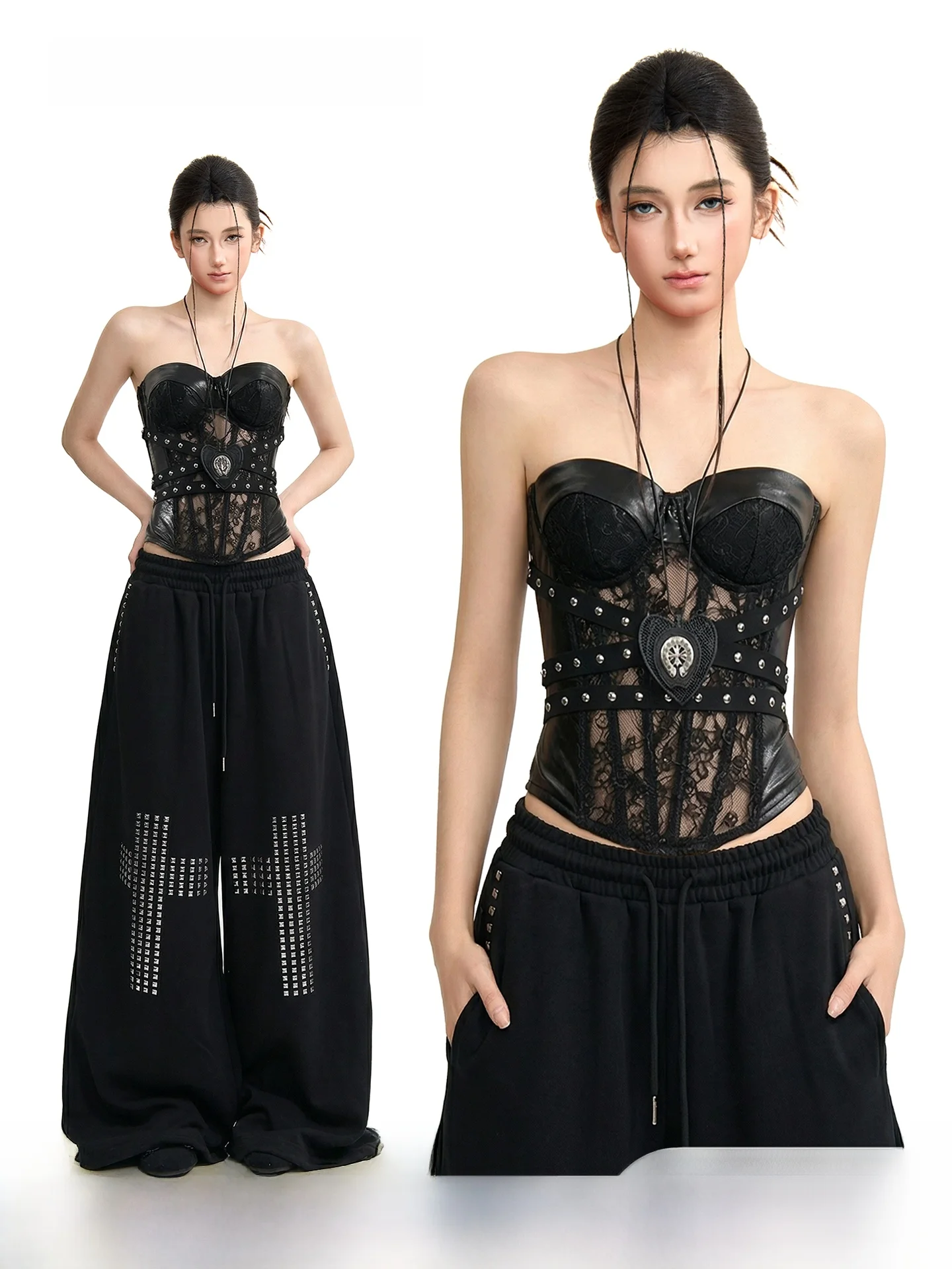 

Dark Style Black Lace Rivet Tube Top Women's Slim Fit Outerwear Sexy Wrap Chest Short Length Color Versatile Summer Shirt