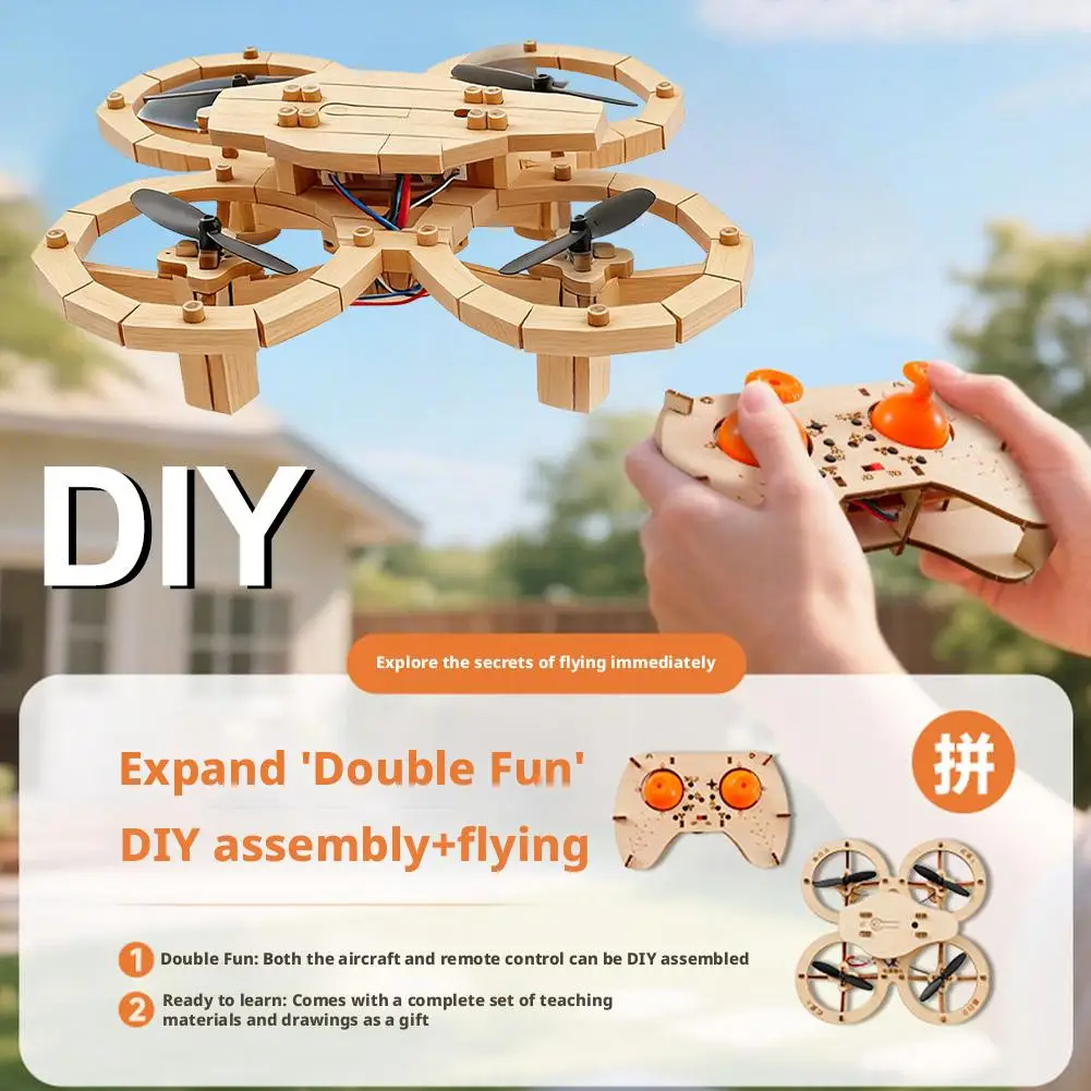 خشبية لتقوم بها بنفسك كوادكوبتر الطائرة بدون طيار أطقم منمذجة مع مجموعة التحكم عن بعد لعبة تعليمية مشغرة للأطفال والكبار لا بناء الغراء