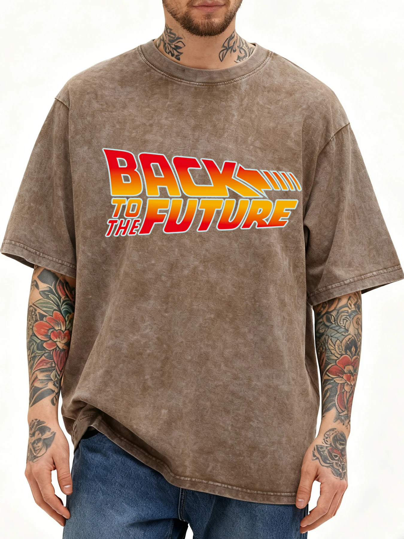Zurück in die Zukunft Muster gewaschenes T-Shirt Männer lässig atmungsaktives T-Shirt Unisex Mode Retro gewaschene Shortwear lose Baumwolle Top
