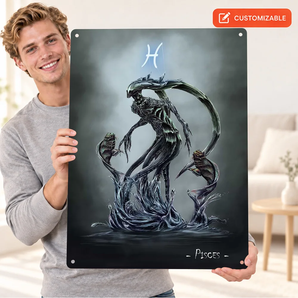 Pisces Dark Goddess Textured Metal Poster Personalized Aluminum Sign Gothic Digital Design Wall Art For Bedroom Birthday Gift