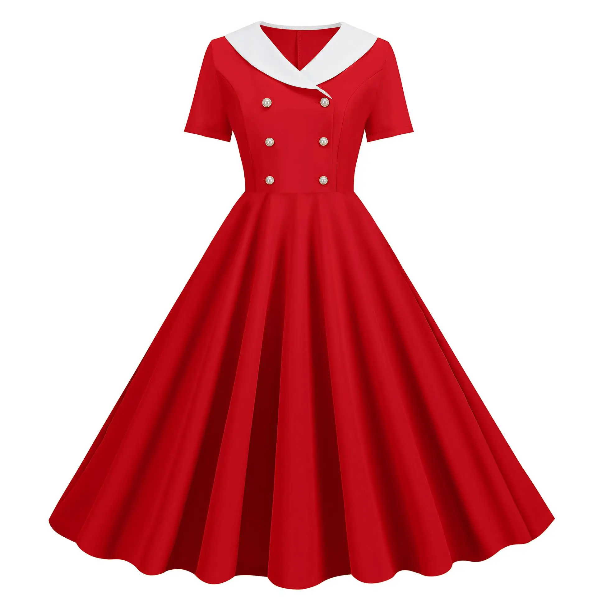 تنورة صيفية ذات لون نقي من V-Ne ort Sve ذات زر مزدوج بتصميم عتيق كبير سوينغ دكتور نسائي من البوليستر الفايوني دكتور