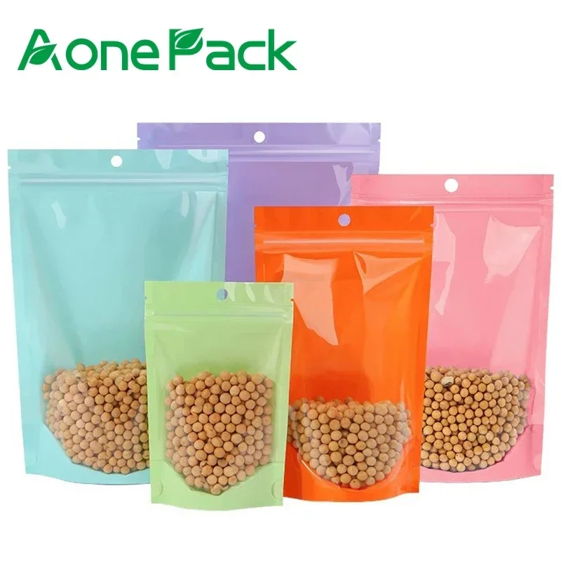 100pcs Pink/green/purple Macaron Colors Plastic Food Transparent Mylar Bags Pearlescent Stand Up Zipper Food Tea Nuts Powder Bag