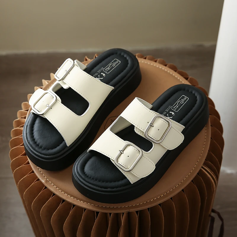 

Women's 4.5cm Thick Sole Slide Sandals with Soft Leather Upper Non-Slip PVC Base Adjustable Straps Comfortable for Daily Wear