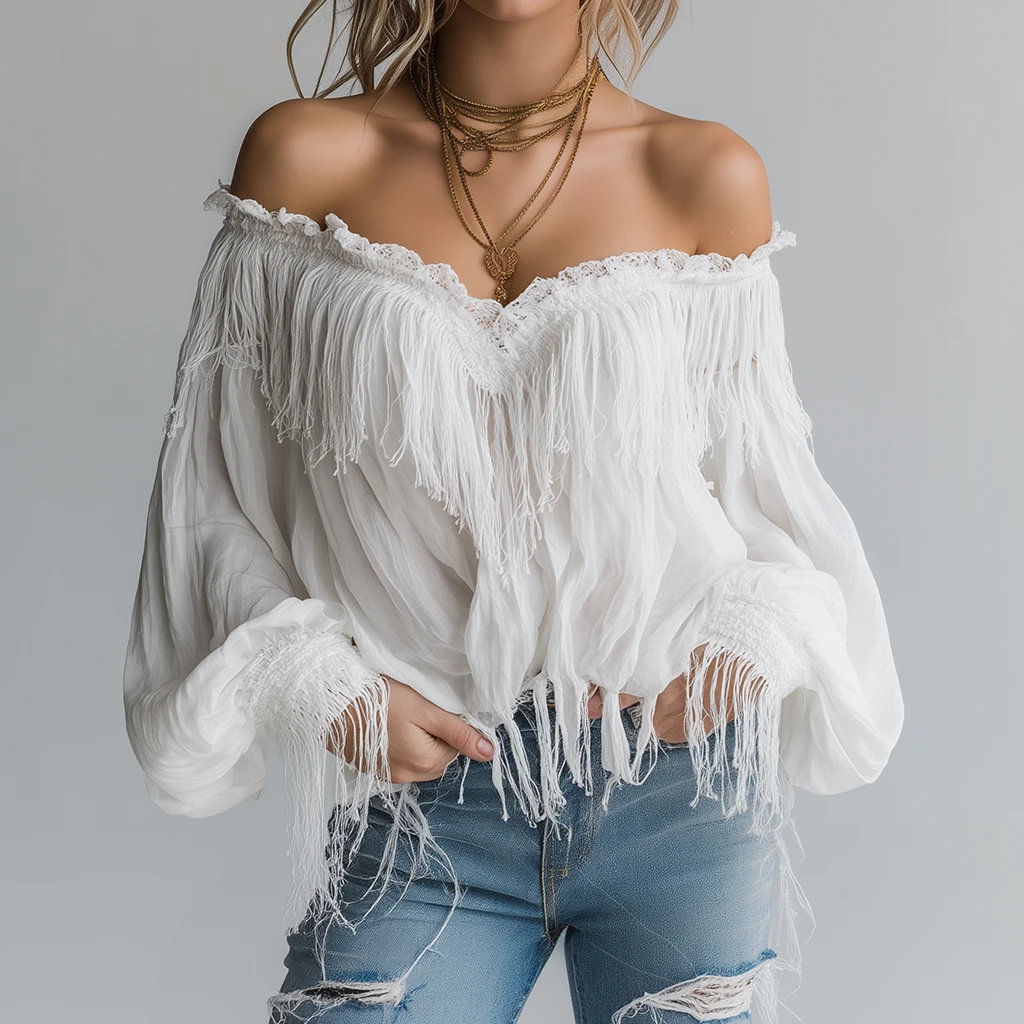Damska bluzka w stylu boho z odkrytymi ramionami, biała, z frędzlami, luźna bluzka z rękawami typu latarnia, koronkowa koszula plażowa, codzienna bluzka, odzież.