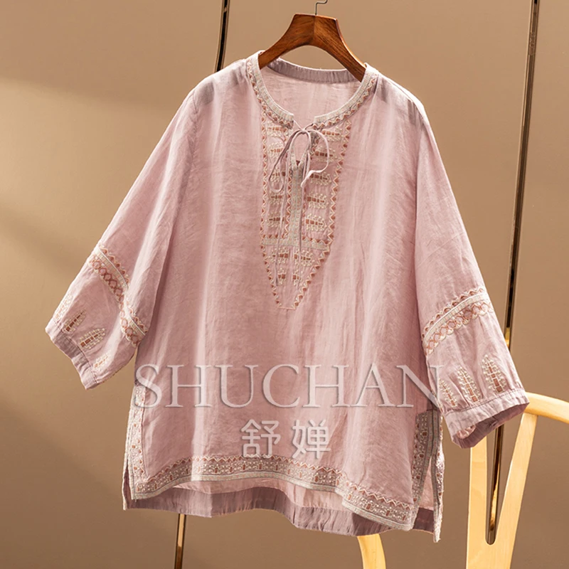 100% Ramie, French  Retro Ethnic Style Embroidery Loose Round Neck Seven-quarter Sleeve Shirt and Blouse Women
