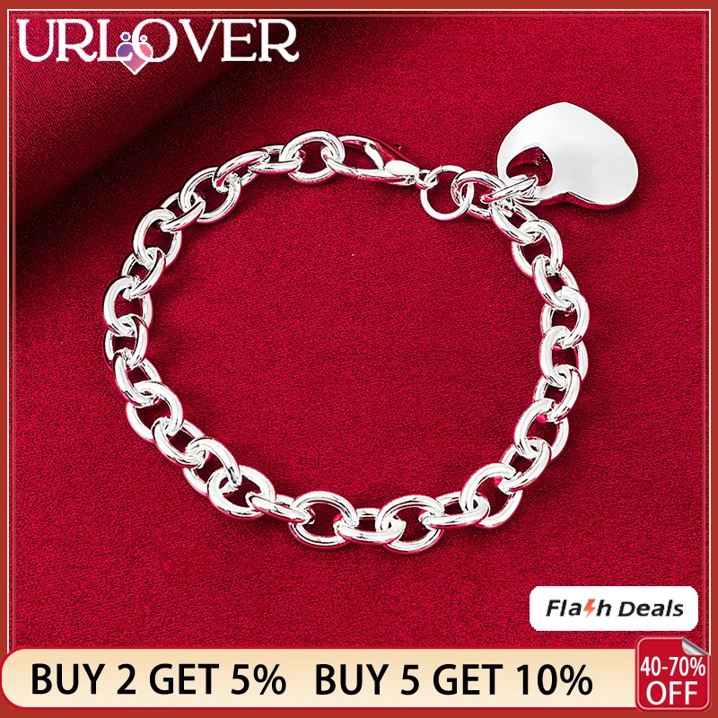 

URLOVER 925 Sterling Silver Bracelet For Woman Heart Pendant Chain Bracelets Lady Party Wedding Valentines Fashion Jewelry Gifts