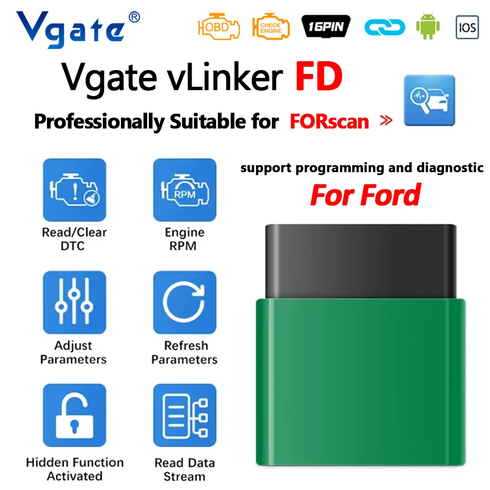 Vgate vLinker FD FD+ V2.2 ELM327 FORScan Bluetooth 4.0 For Ford OBD2 Car Diagnostic Tools J2534 OBD 2 Scanner pk ELM 327 V1.5