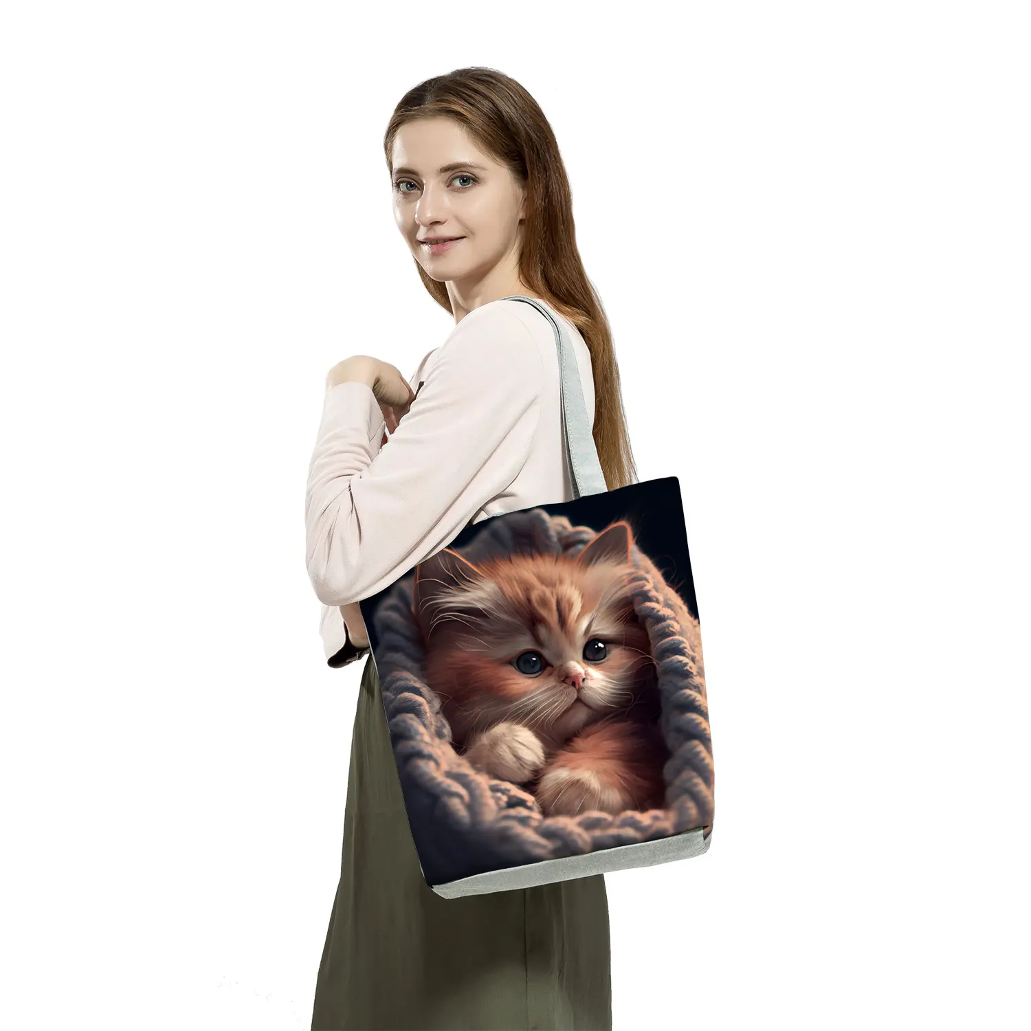 Shopping Bags Kawaii Pet Printed Casual Shoulder Bag Handbags for Women Cute Animal Cat High Capacity Travel Beach Tote Portable