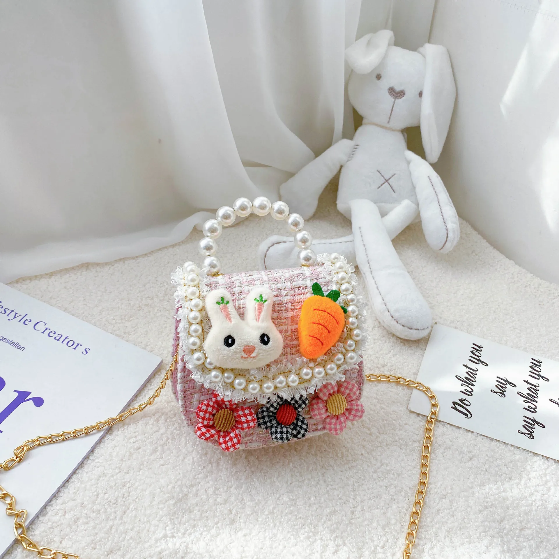 New Tweed Kids Princess Handbag Lightweight Cartoon Rabbit Bear Pearl Handle Coin Purse Crossbody Shoulder Bag For Little Girls