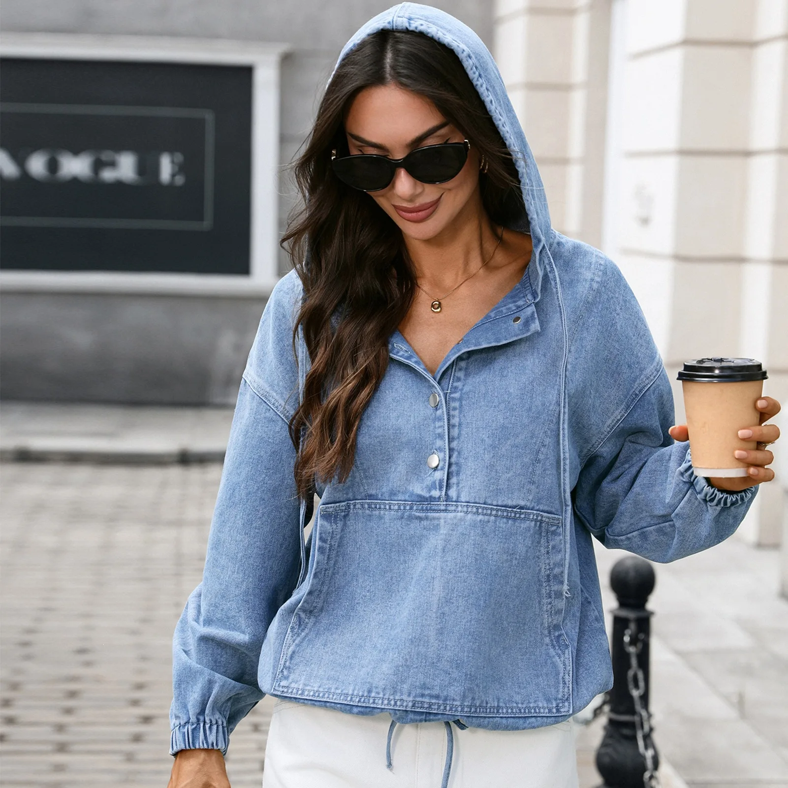 Women's Washed Denim Hooded Half-Zip Pullover Shoulder-Drop Long Sleeve Button Detail New Arrival Casual Comfortable Top