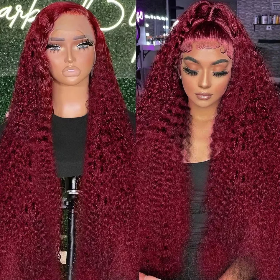 200 Density 99j Burgundy 13x4 13x6 Full Frontal Lace Preplucked Colored Deep Wave Frontal Wig HD Transparent Lace Human Hair Wig