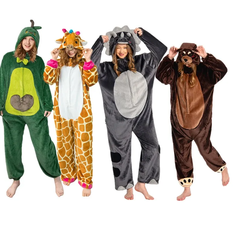 Adult Cartoon Dinosaur Pajamas Avocado Fruit Cosplay Flannel Sleepwear Bear Giraffe Jumpsuit Costume Halloween Carnival Suit