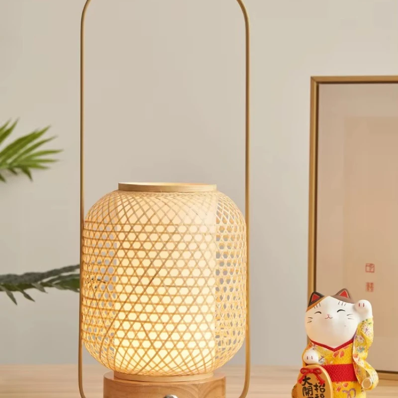 

Chinese classic rice paper desk lamp with bamboo body rattan touch switch bedroom lighting base