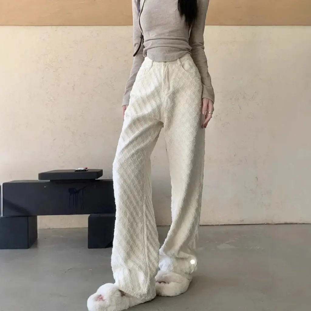 

Джинсы в клетку с высокой талией Design Sense, женские утягивающие широкие брюки в ароматном стиле, жаккардовые белые