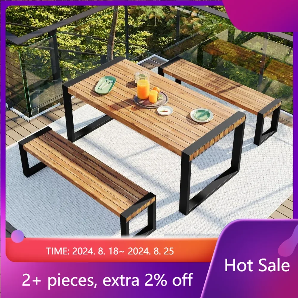 

Acacia Wood Top & Steel Frame Porch Furniture Outdoor Garden Chairs Table With 2 Benches Patio Dining Unique Texture Natural