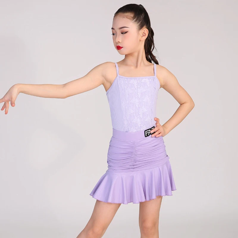 Abito da ballo latino viola Abito da ballo estivo senza maniche per ragazza Pratica di ballo Indossare gonna tuta Abiti da samba 1781