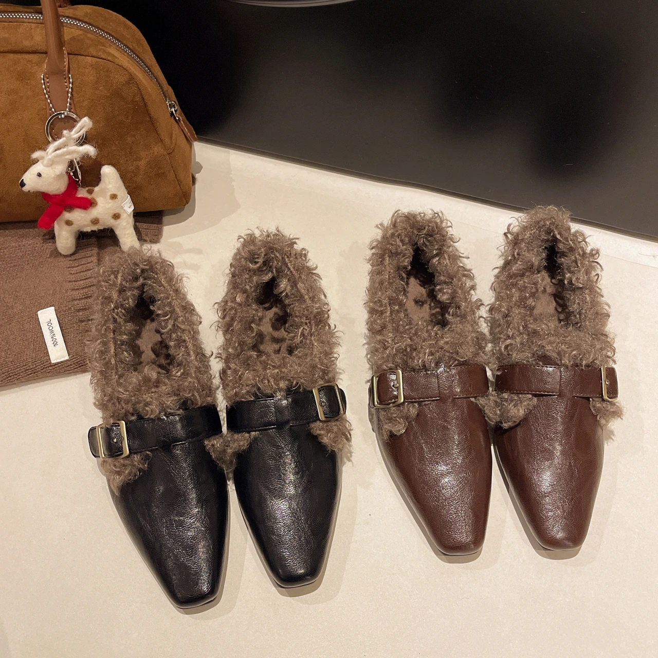 حذاء نسائي من الفرو بالإضافة إلى كعب عالي مخملي دافئ لخريف وشتاء 2025، حذاء كلاسيكي مريح بتصميم كلاسيكي جديد منخفض الارتفاع. #6