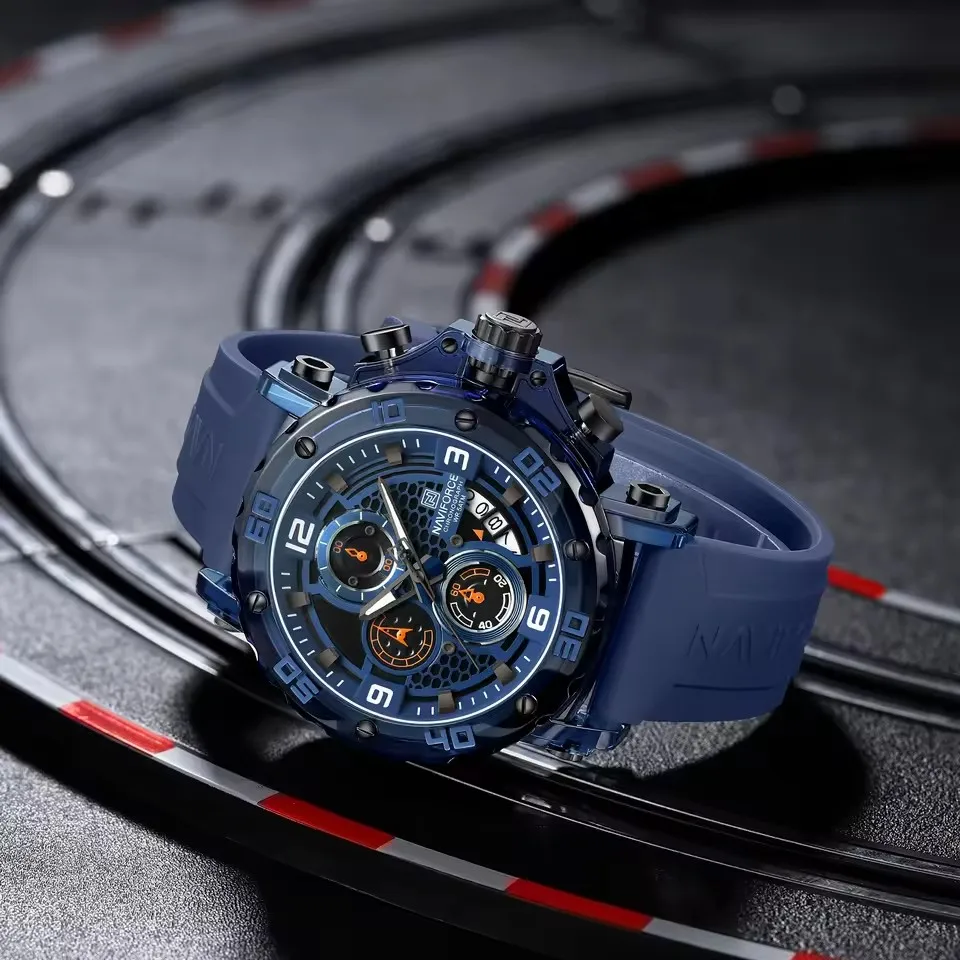 NAVIFORCE 7123 ساعة كوارتز رجالية فاخرة كرونوغراف التقويم مقاوم للماء سيليكون الرياضة والترفيه ساعة رجالي reloj hombre