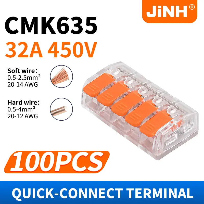 JINH 100Pcs CMK635 Fast Lever Wire Connector 5 Ports Tiny Lighting Terminal Blocks Wide Capacity 0.2-4mm²