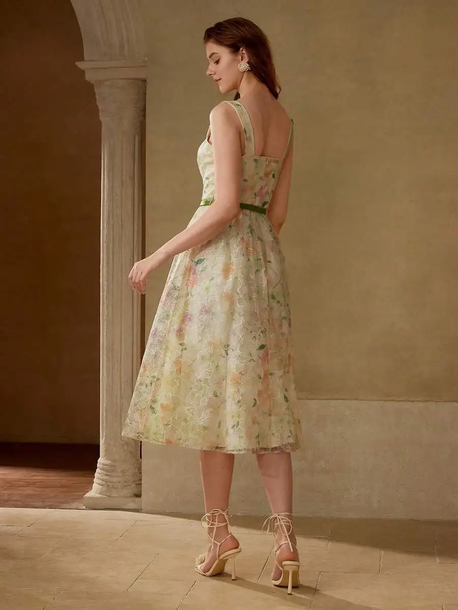 

Floral Print Embroidered Sleeveless Midi Dress For Women