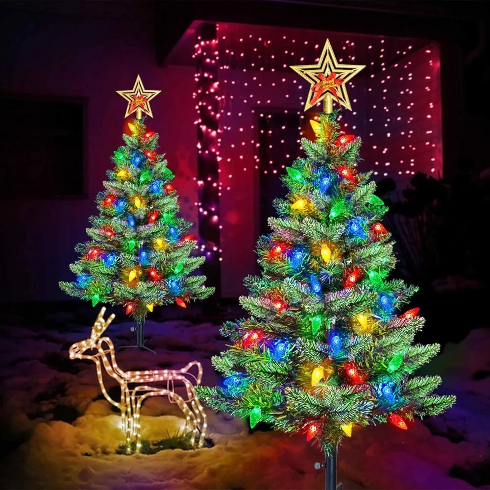 Upgraded Version 2 Sets of Solar Christmas Trees, Outdoor Christmas Decorations, with 100 LED Multi-color C6 Light Strings