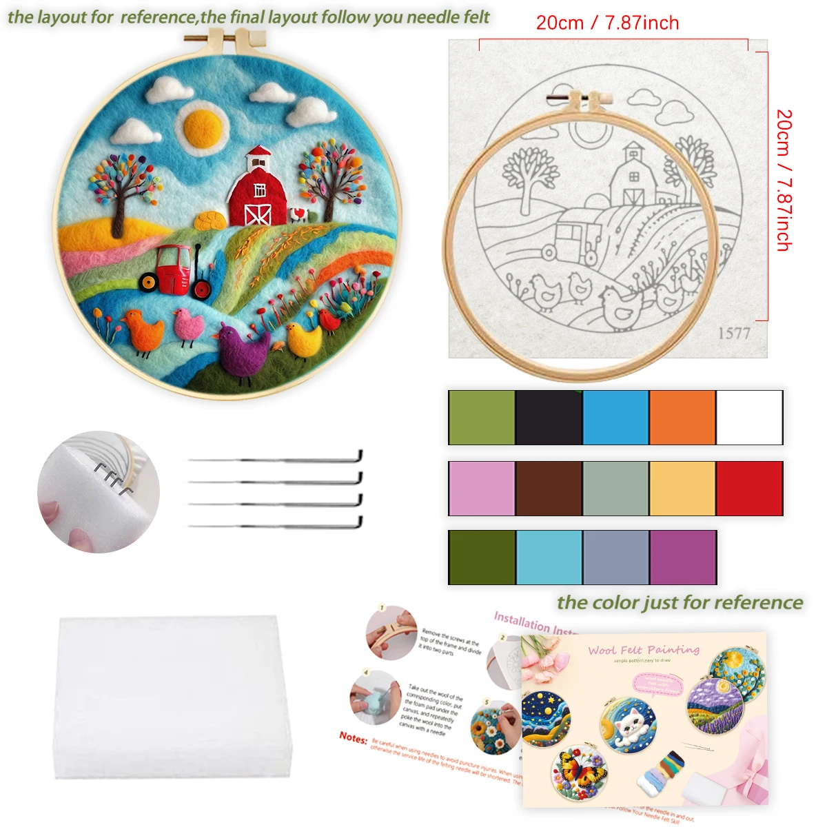 

RUOPOTY Farm Needle Felt Starter Kits Scenery Diy Wool Felt Painting For Adults Kits Picture Frame, Felting Needles, Needle Felt